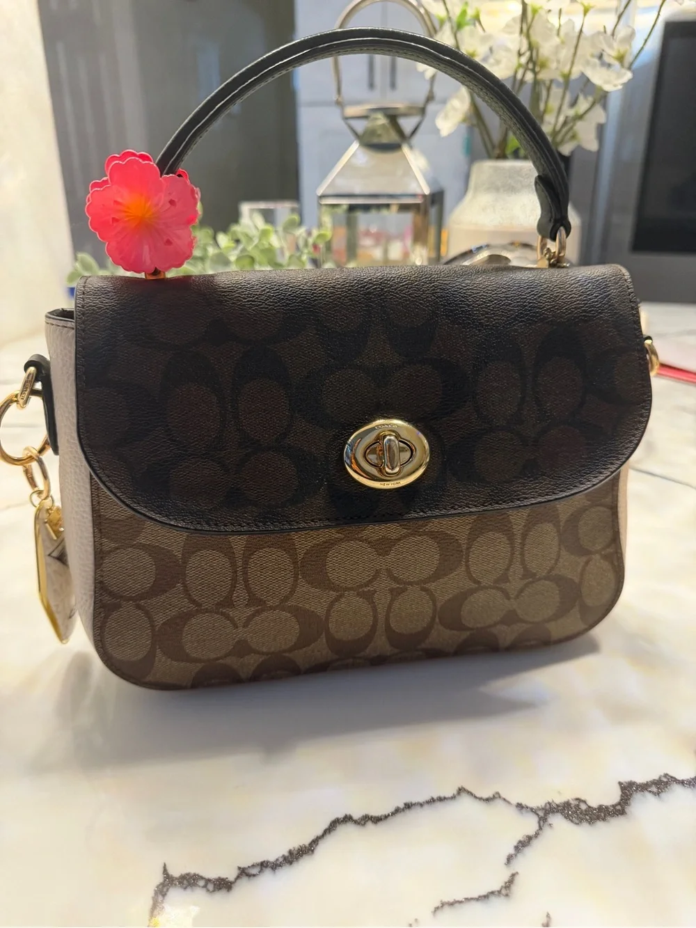 Coach Brown Signature Canvas Satchel with Black Flap and Gold Hardware